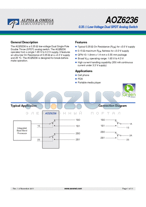 AOZ6236QI datasheet - 0.35 ohm Low-Voltage Dual SPDT Analog Switch
