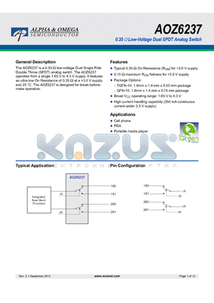 AOZ6237 datasheet - 0.35 ohm Low-Voltage Dual SPDT Analog Switch
