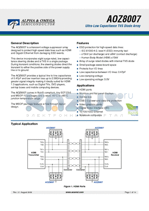 AOZ8007 datasheet - Ultra-Low Capacitance TVS Diode Array