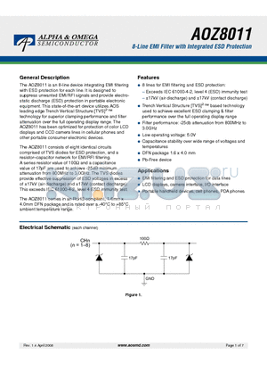 AOZ8011 datasheet - 8-Line EMI Filter with Integrated ESD Protection