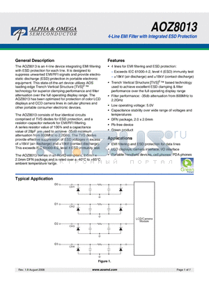 AOZ8013 datasheet - 4-Line EMI Filter with Integrated ESD Protection