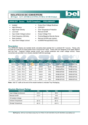 0RHB-D0TV8L datasheet - ISOLATED DC/DC CONVERTERS 48 V Input 1.2 V - 2.5 V/80 A, 3.3 V/70 A, 5 V/48 A, 12 V/20 A Output
