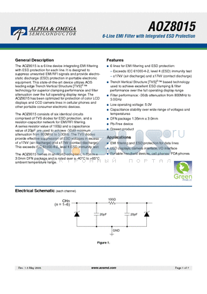 AOZ8015 datasheet - 6-Line EMI Filter with Integrated ESD Protection