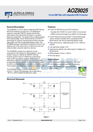AOZ8025 datasheet - 6-Line EMI Filter with Integrated ESD Protection
