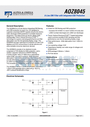 AOZ8045 datasheet - 6-Line EMI Filter with Integrated ESD Protection