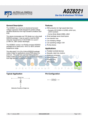 AOZ8221 datasheet - One-line Bi-directional TVS Diode