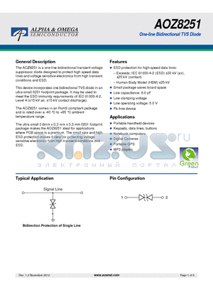 AOZ8251 datasheet - One-line Bidirectional TVS Diode