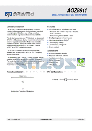 AOZ8811 datasheet - Ultra-Low Capacitance One-line TVS Diode