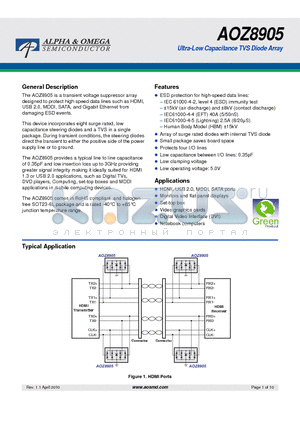 AOZ8905 datasheet - Ultra-Low Capacitance TVS Diode Array