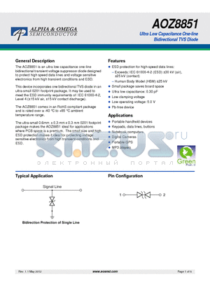 AOZ8851 datasheet - Ultra Low Capacitance One-line Bidirectional TVS Diode