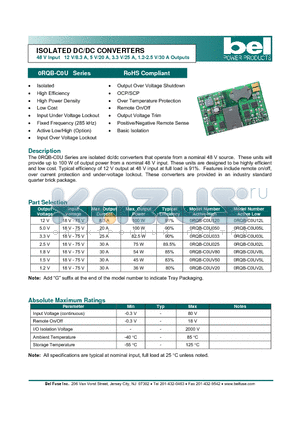 0RQB-C0U033 datasheet - ISOLATED DC/DC CONVERTERS 48 V Input 12 V/8.3 A, 5 V/20 A, 3.3 V/25 A, 1.2-2.5 V/30 A Outputs