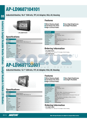 AP-LD9687122601 datasheet - Industrial Monitor, 12.1 1200 nits, TFT, AC Adapter, VGA, AV, Housing