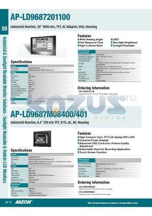 AP-LD9687201100 datasheet - Industrial Monitor, 20 1000 nits, TFT, AC Adapter, VGA, Housing