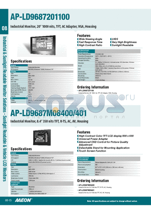 AP-LD9687M08401 datasheet - High Contrast Color TFT LCD display 800 x 600