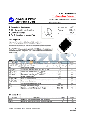 AP0103GMT-HF datasheet - Simple Drive Requirement, SO-8 Compatible with Heatsink