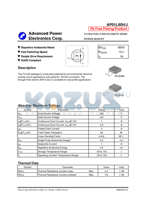 AP01L60H datasheet - N-CHANNEL ENHANCEMENT MODE POWER MOSFET