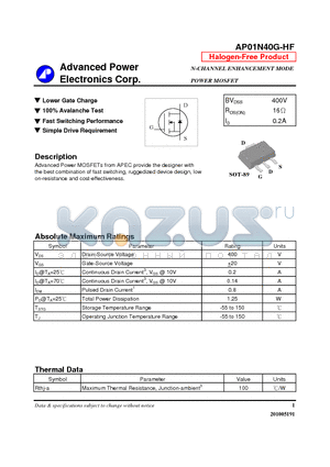 AP01N40G-HF datasheet - N-CHANNEL ENHANCEMENT MODE POWER MOSFET