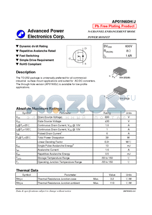 AP01N60H datasheet - N-CHANNEL ENHANCEMENT MODE POWER MOSFET