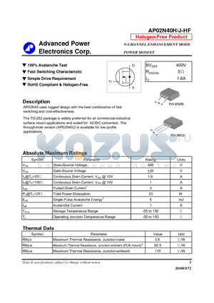 AP02N40J-HF datasheet - N-CHANNEL ENHANCEMENT MODE POWER MOSFET