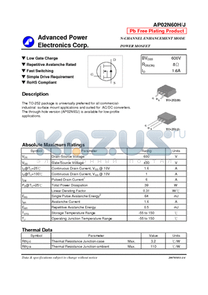 AP02N60H datasheet - N-CHANNEL ENHANCEMENT MODE POWER MOSFET