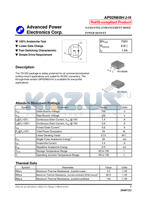 AP02N60J-H datasheet - N-CHANNEL ENHANCEMENT MODE POWER MOSFET