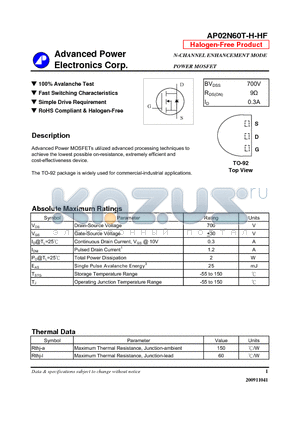 AP02N60T-H-HF datasheet - N-CHANNEL ENHANCEMENT MODE POWER MOSFET