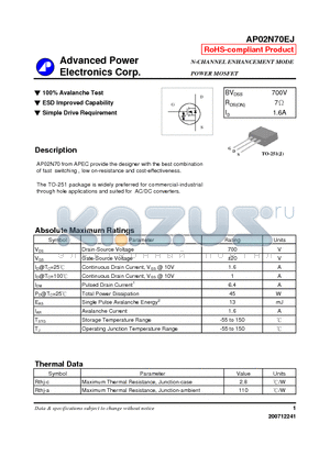 AP02N70EJ datasheet - N-CHANNEL ENHANCEMENT MODE POWER MOSFET