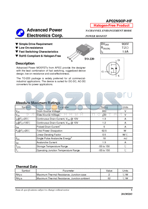 AP02N90P-HF datasheet - N-CHANNEL ENHANCEMENT MODE POWER MOSFET