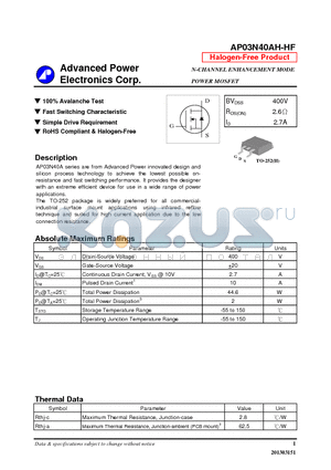 AP03N40AH-HF datasheet - N-CHANNEL ENHANCEMENT MODE POWER MOSFET