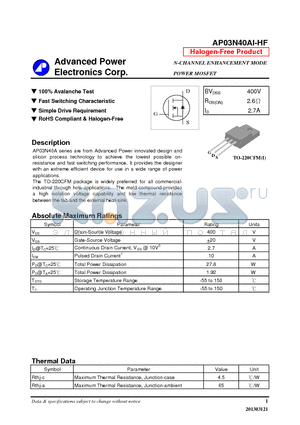 AP03N40AI-HF datasheet - N-CHANNEL ENHANCEMENT MODE POWER MOSFET