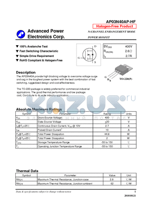 AP03N40AP-HF datasheet - N-CHANNEL ENHANCEMENT MODE POWER MOSFET