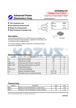 AP03N40J-HF datasheet - N-CHANNEL ENHANCEMENT MODE POWER MOSFET