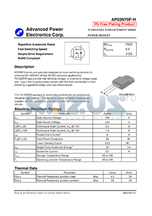 AP03N70F-H datasheet - N-CHANNEL ENHANCEMENT MODE POWER MOSFET