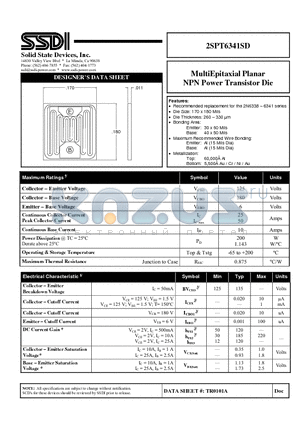 2SPT6341SD datasheet - MultiEpitaxial Planar NPN Power Transistor Die