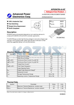 AP03N70I-A-HF datasheet - N-CHANNEL ENHANCEMENT MODE POWER MOSFET