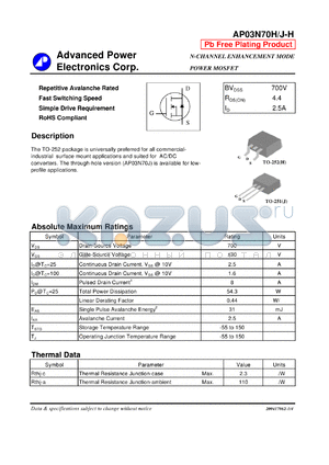 AP03N70J-H datasheet - N-CHANNEL ENHANCEMENT MODE POWER MOSFET