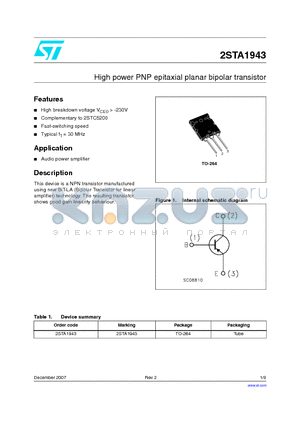 2STA1943 datasheet - High power PNP epitaxial planar bipolar transistor