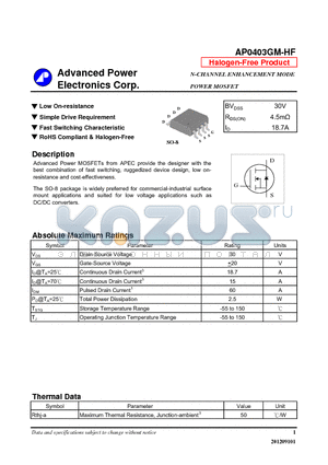 AP0403GM-HF datasheet - Low On-resistance, Simple Drive Requirement