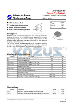 AP04N60H-HF datasheet - N-CHANNEL ENHANCEMENT MODE POWER MOSFET