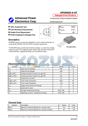 AP04N60I-A-HF datasheet - N-CHANNEL ENHANCEMENT MODE POWER MOSFET