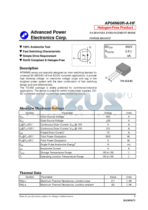 AP04N60R-A-HF datasheet - N-CHANNEL ENHANCEMENT MODE POWER MOSFET