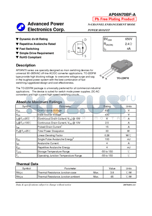 AP04N70BF-A datasheet - N-CHANNEL ENHANCEMENT MODE POWER MOSFET