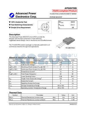 AP04N70BI datasheet - N-CHANNEL ENHANCEMENT MODE POWER MOSFET