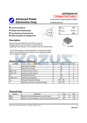 AP0504GH-HF datasheet - Low On-resistance, Simple Drive Requirement