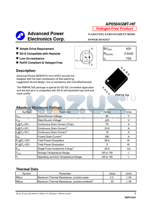 AP0504GMT-HF datasheet - Simple Drive Requirement, SO-8 Compatible with Heatsink