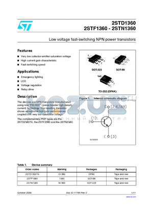 2STF1360 datasheet - Low voltage fast-switching NPN power transistors