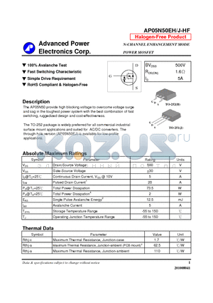 AP05N50EH-HF datasheet - N-CHANNEL ENHANCEMENT MODE POWER MOSFET