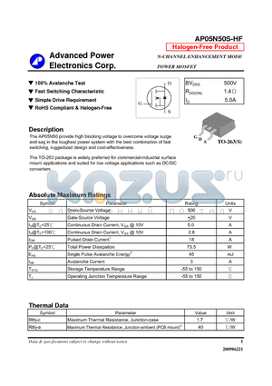 AP05N50S-HF datasheet - N-CHANNEL ENHANCEMENT MODE POWER MOSFET