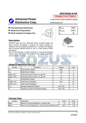 AP07S60H-A-HF datasheet - Fast Switching Characteristic