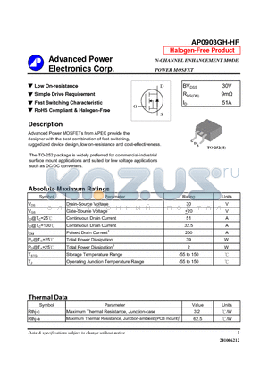 AP0903GH-HF datasheet - Low On-resistance, Simple Drive Requirement